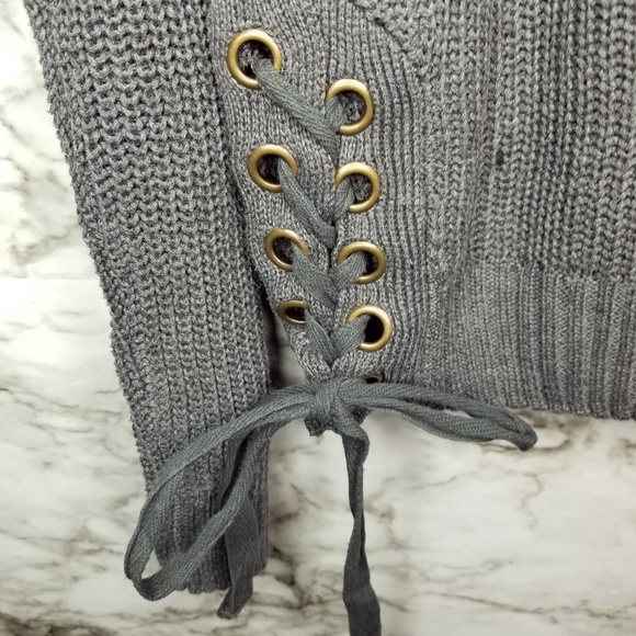 MOD Sweater Womens Large Grey Chunky Knit Lace Up - Picture 3 of 5
